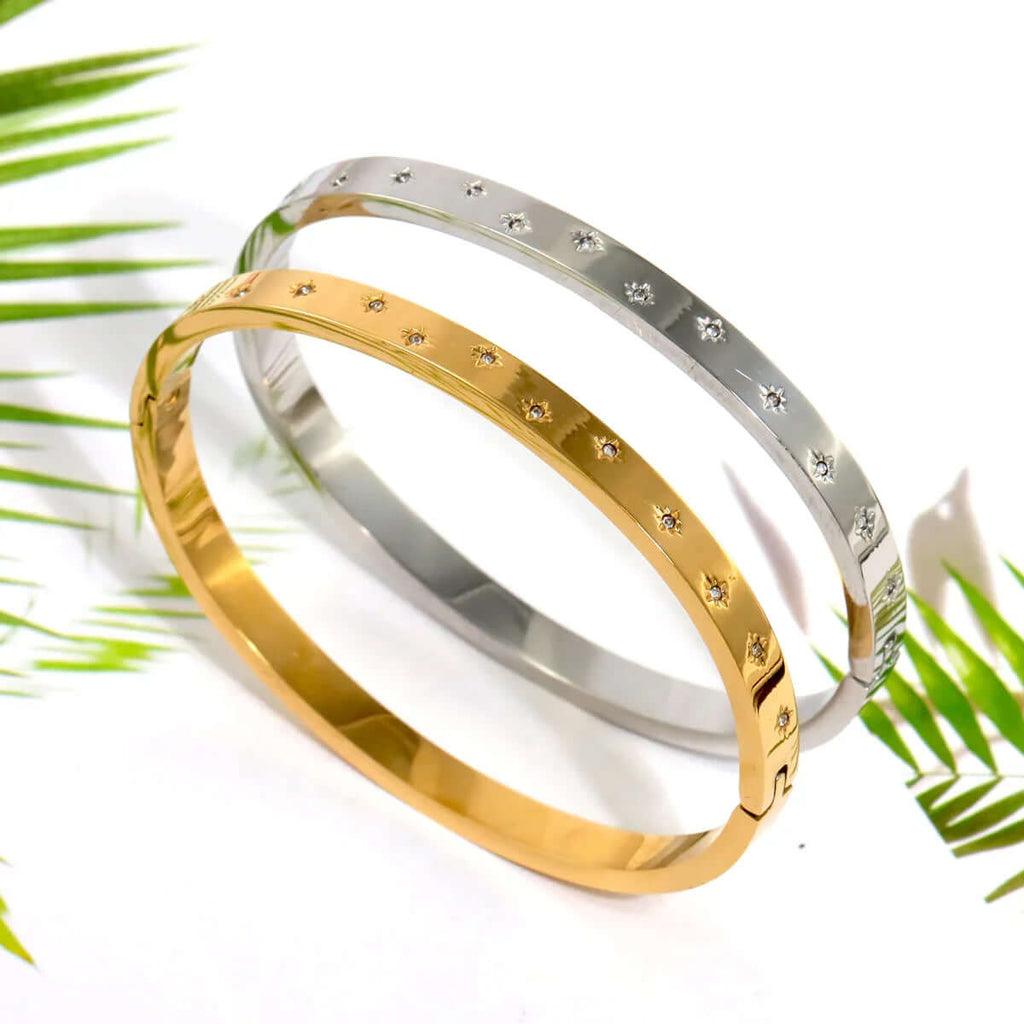 Ceyrah gold and silver Zirconia Embedded Star Bangle Bracelet on white background with green leaves