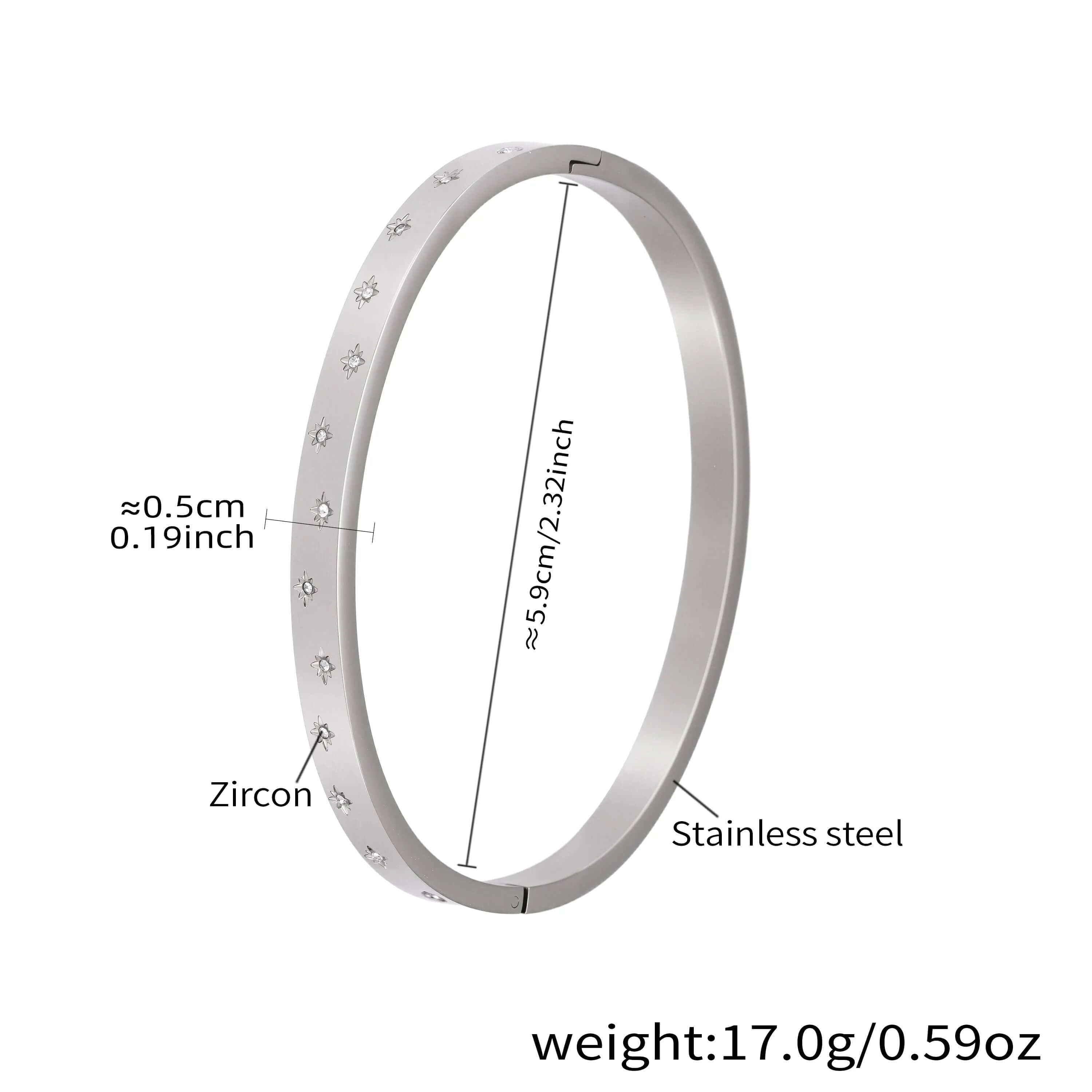 Ceyrah silver Zirconia Embedded Star Bangle Bracelet, 5.9cm diameter, 0.5cm width, 17g weight