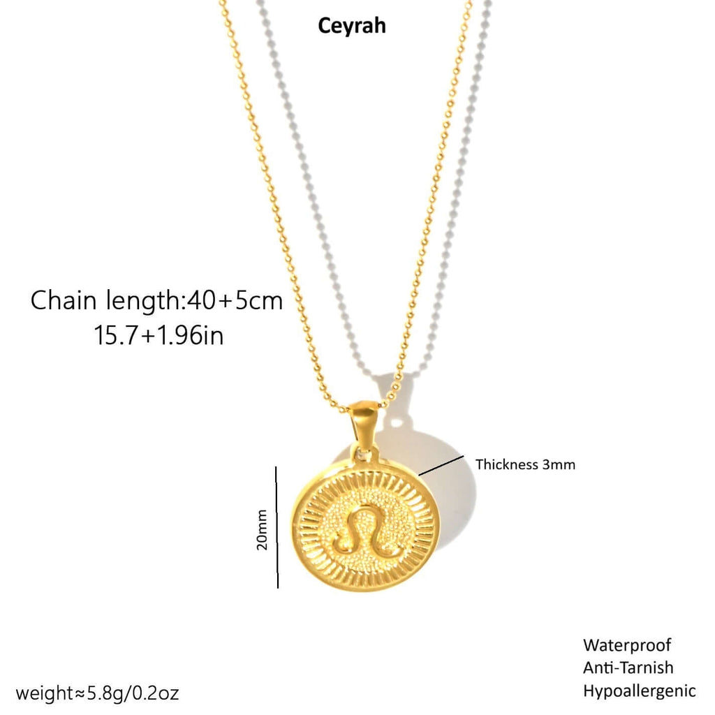 Zodiac Sign Medallion Necklace Gold on a white background with measurements