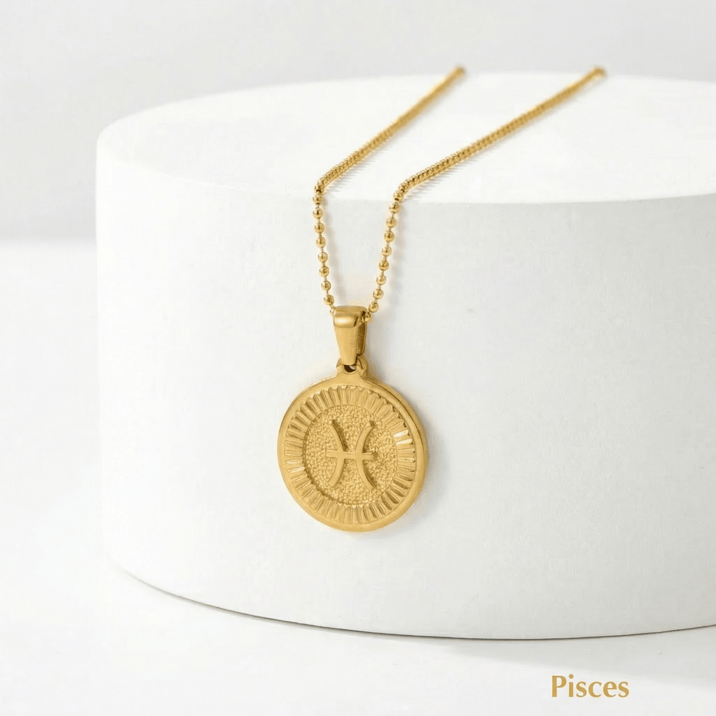 Zodiac Sign Medallion Necklace Gold on a white background