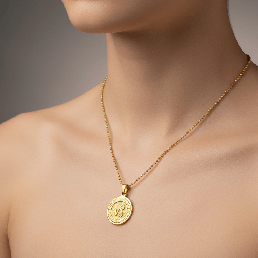 Zodiac Sign Medallion Necklace Gold on a mannequin