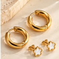 Gold White Inlay Flower Stud & Huggie Hoop Earring Set