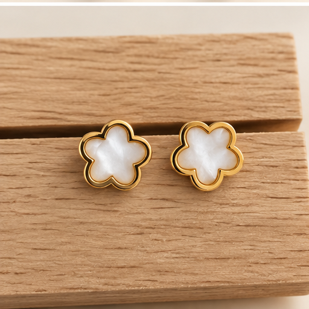 Gold White Inlay Flower Stud & Huggie Hoop Earring Set