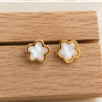 Gold White Inlay Flower Stud & Huggie Hoop Earring Set