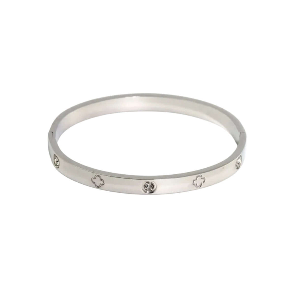 Silver clover engraved diamond bangle bracelet from Ceyrah