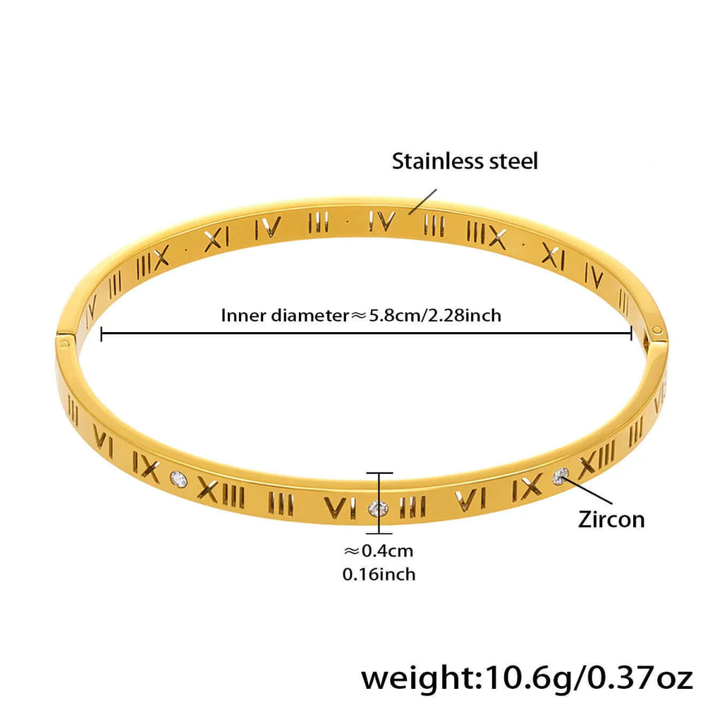 Ceyrah gold roman numeral bangle with zircon accents and size details
