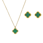 Clover Jewellery Gift Set - Gold necklace and earrings with green clover-shaped pendants on a white background
