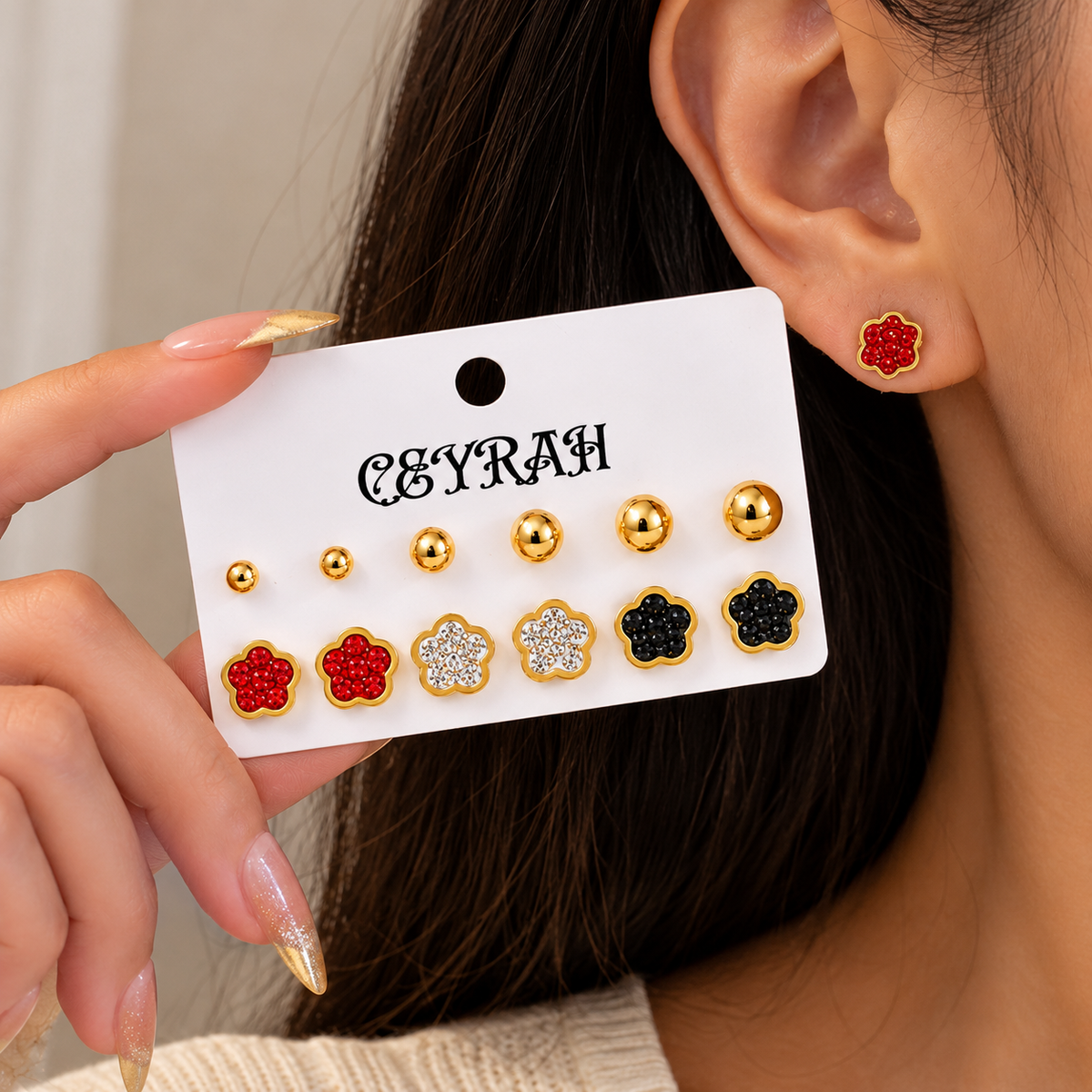 Waterproof Gold Flower Stud Earrings Set
