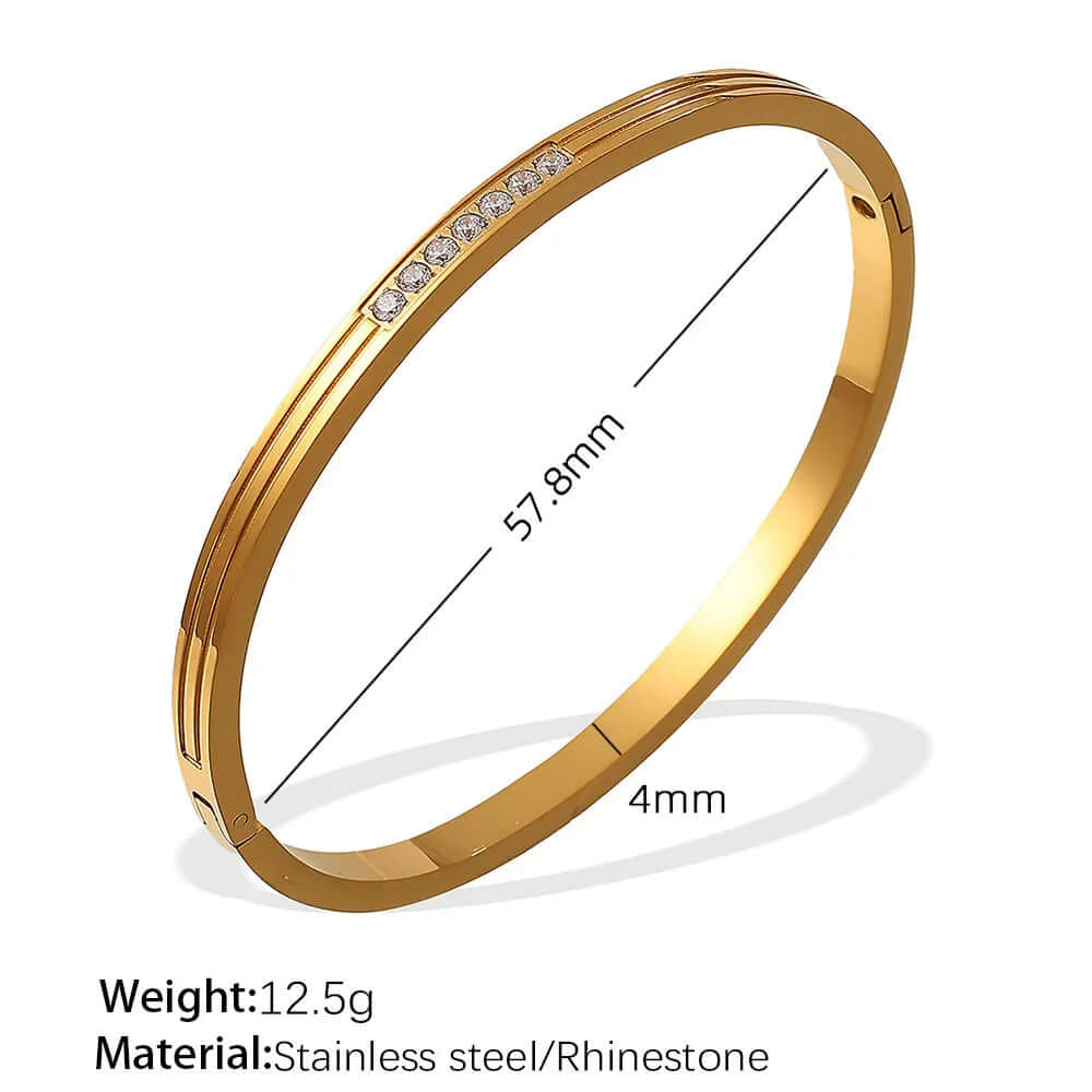 Ceyrah gold minimal rhinestone cuff bangle bracelet, 57.8mm diameter, 4mm wide.