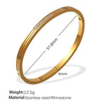 Ceyrah gold minimal rhinestone cuff bangle bracelet, 57.8mm diameter, 4mm wide.