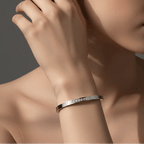 Elegant silver minimal rhinestone cuff bangle bracelet on model wrist -Ceyrah jewellery collection