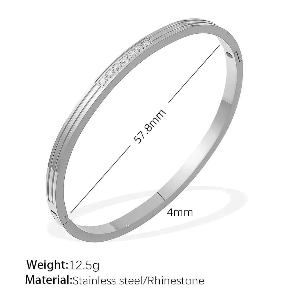 Ceyrah silver minimal rhinestone cuff bangle bracelet, 57.8mm diameter, 4mm width, 12.5g weight