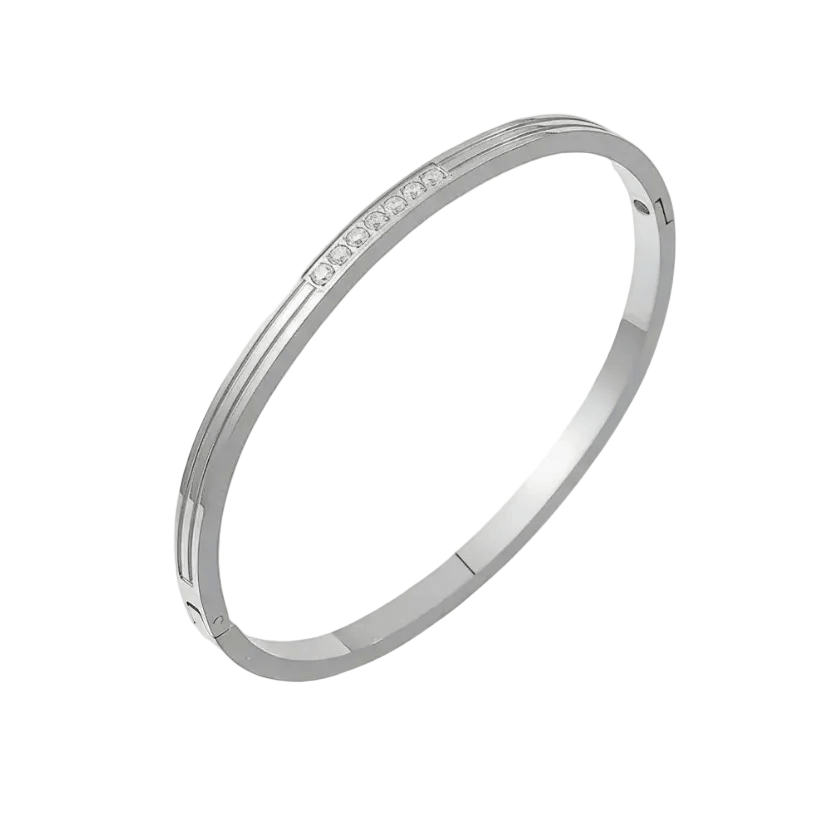 Ceyrah silver minimal rhinestone cuff bangle bracelet on a light background