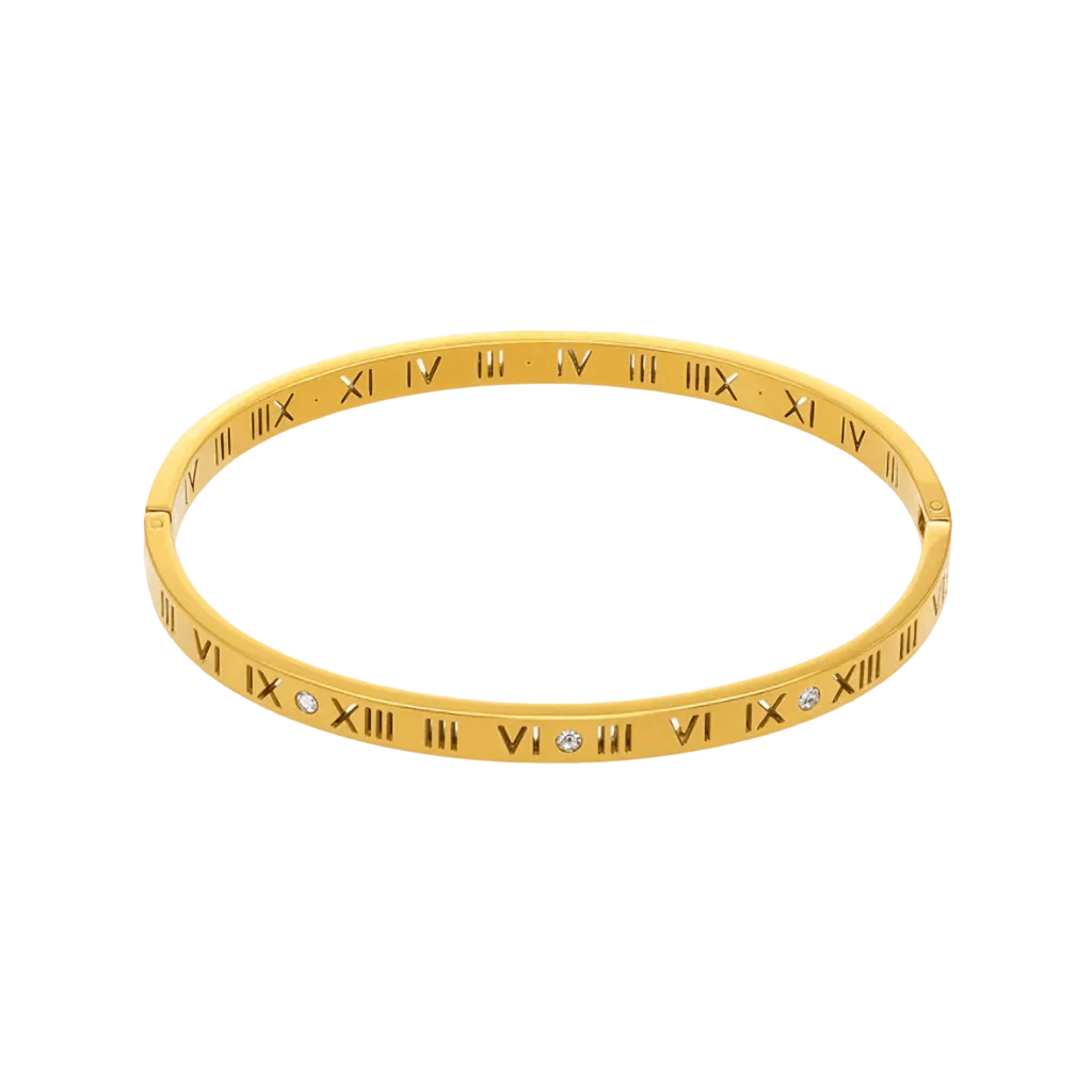 Ceyrah gold roman numeral bangle with zircon accents on white background