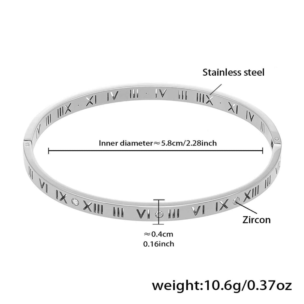 Ceyrah silver roman numeral bangle with zircon accents, 5.8cm inner diameter.