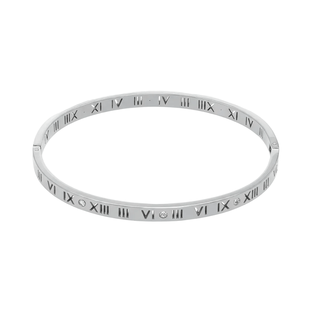 Ceyrah silver roman numeral bangle with zircon accents on white background
