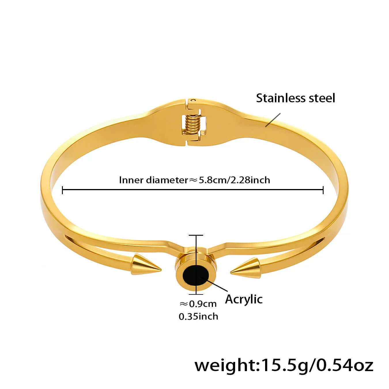 Ceyrah gold spike cuff bracelet with black accent, 5.8cm inner diameter, jewellery weight 15.5g